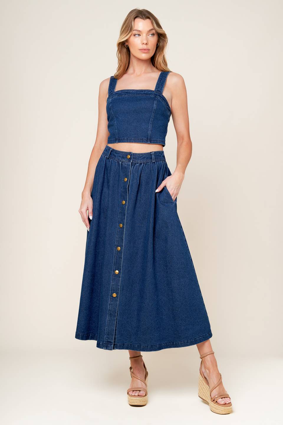 SIMPLY THE VIBE - DENIM CROP TOP & SKIRT SET-Vavasi
