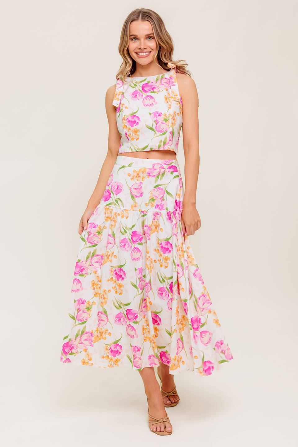 PINK TULIP GARDEN - TOP & MIDI SKIRT SET-Vavasi