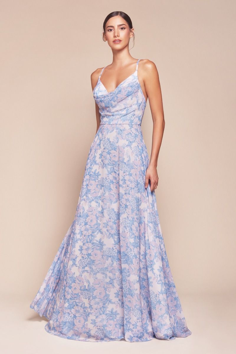 IRIS GOWN - BLUE - A-LINE SOFT CHIFFON PRINT DRESS-Vavasi