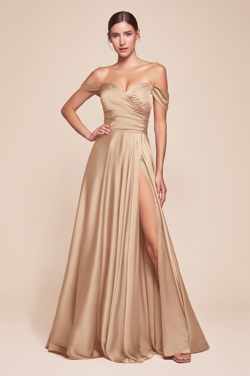 JILLIAN GOWN - CHAMPAGNE GOLD - A-LINE SOFT SATIN OFF THE SHOULDER DRESS-Vavasi
