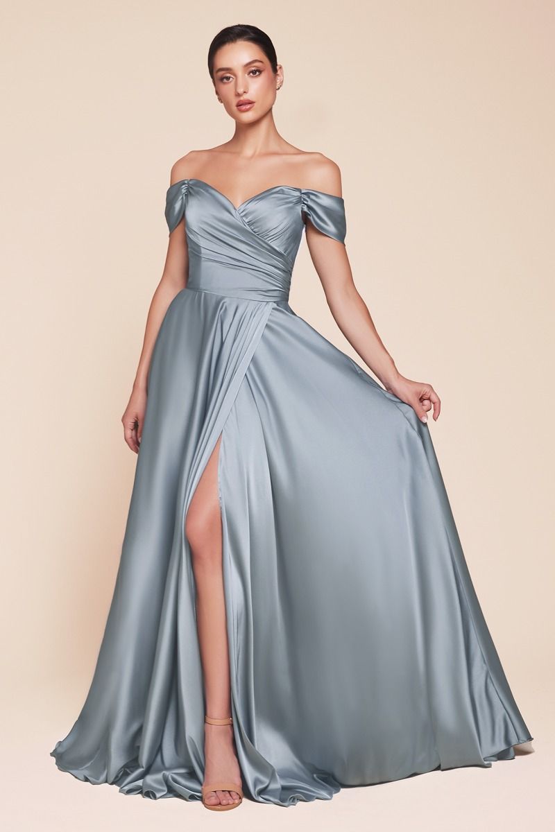 JILLIAN GOWN - DUSTY BLUE - A-LINE SOFT SATIN OFF THE SHOULDER DRESS-Vavasi