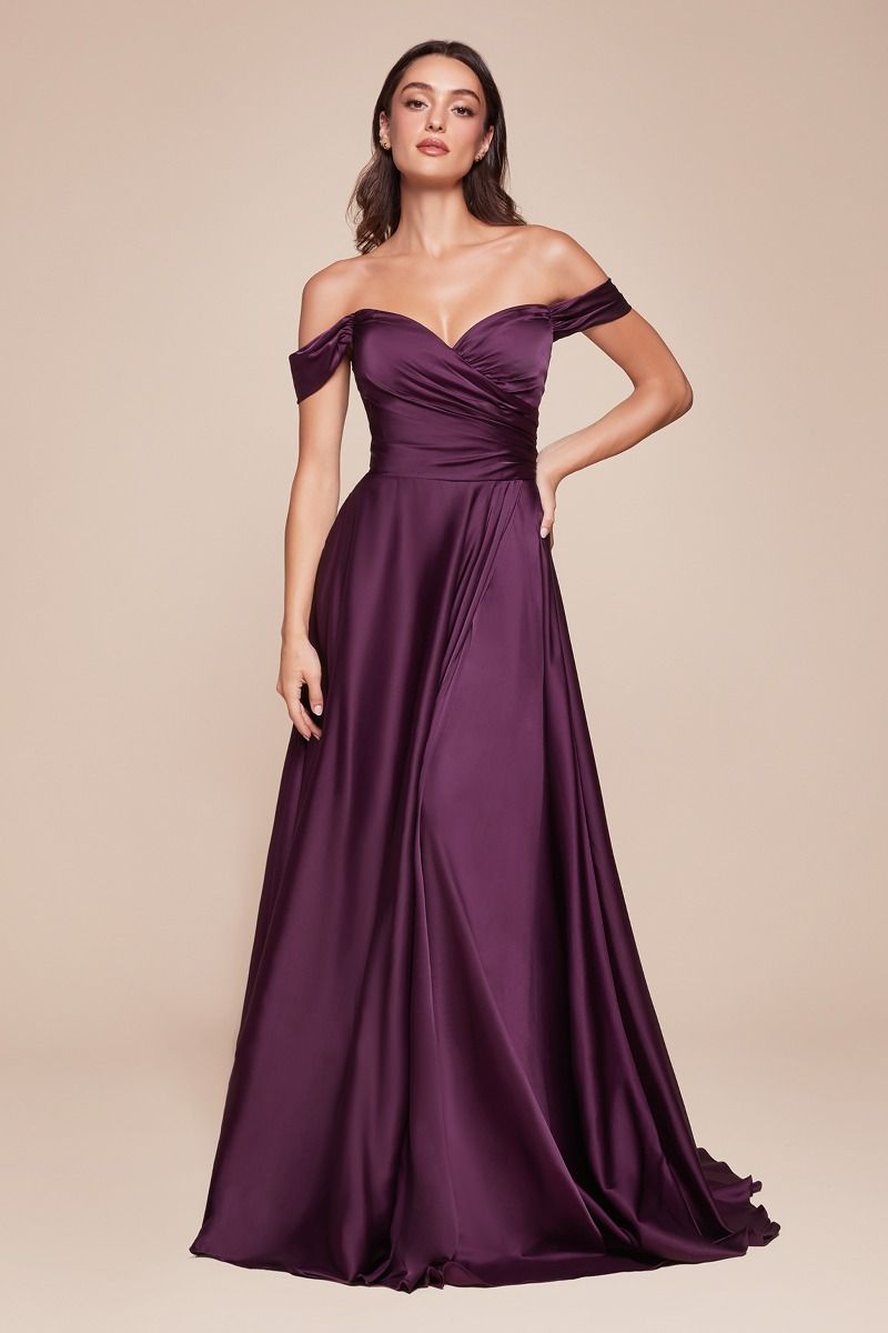 JILLIAN GOWN - EGGPLANT - A-LINE SOFT SATIN OFF THE SHOULDER DRESS-Vavasi