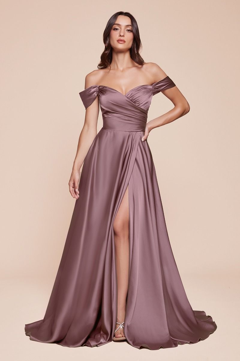 JILLIAN GOWN - ENGLISH VIOLET - A-LINE SOFT SATIN OFF THE SHOULDER DRESS-Vavasi