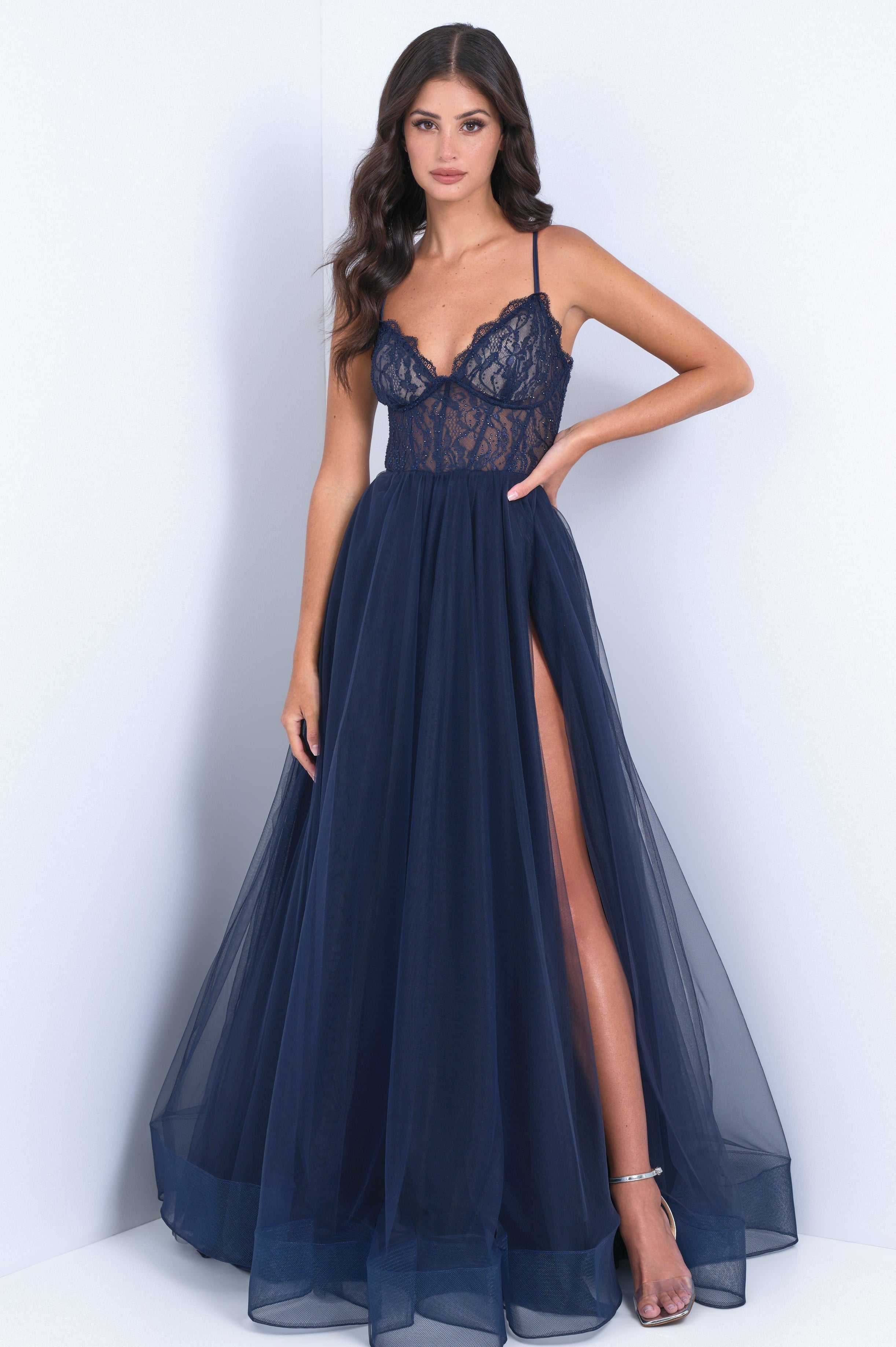 Dani Gown - Navy - Tulle A-Line Lace Dress-Vavasi