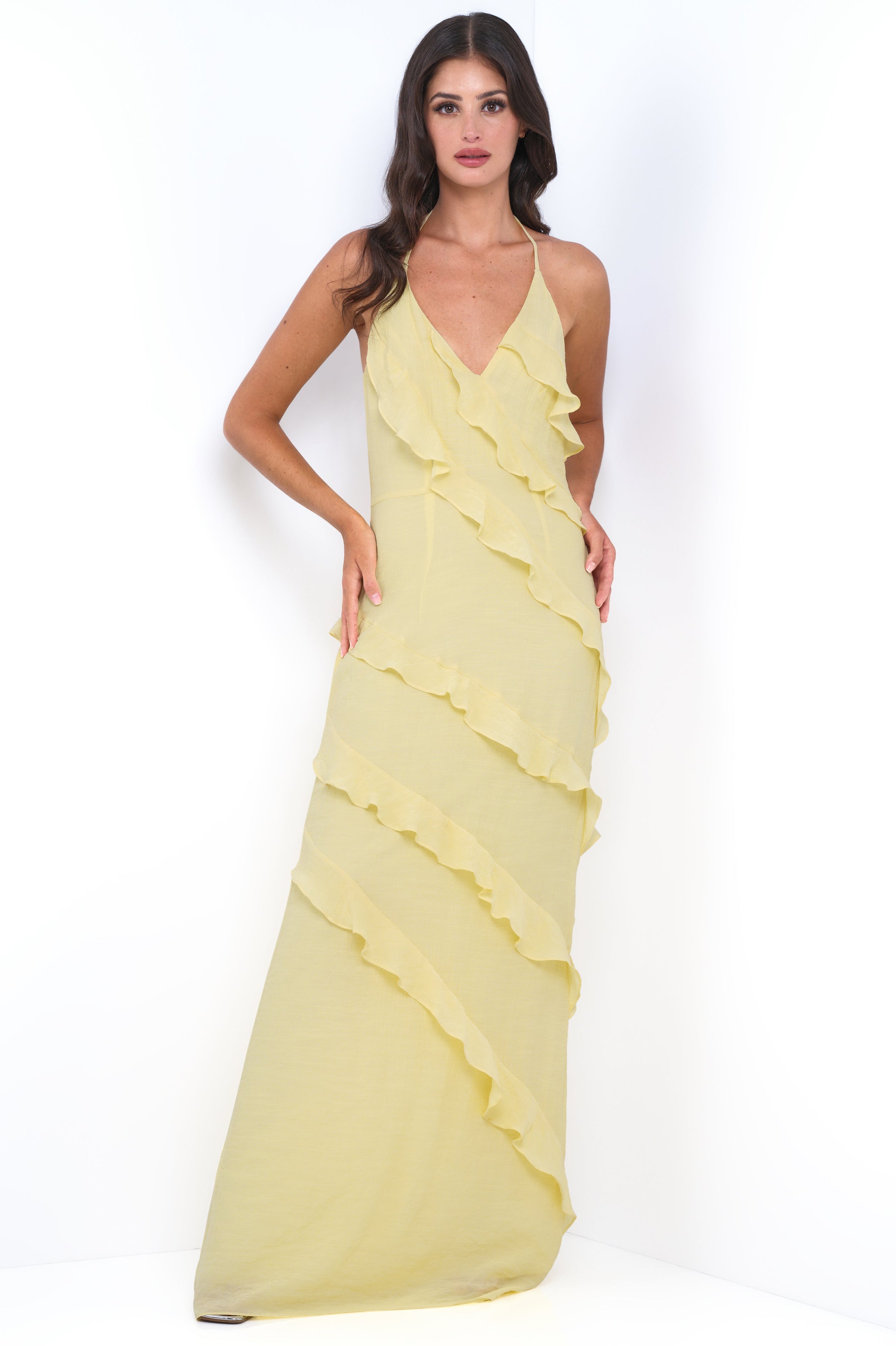 Remi Yellow Maxi Dress - Halter Neck, Open Back & Ruffle Detail-Vavasi