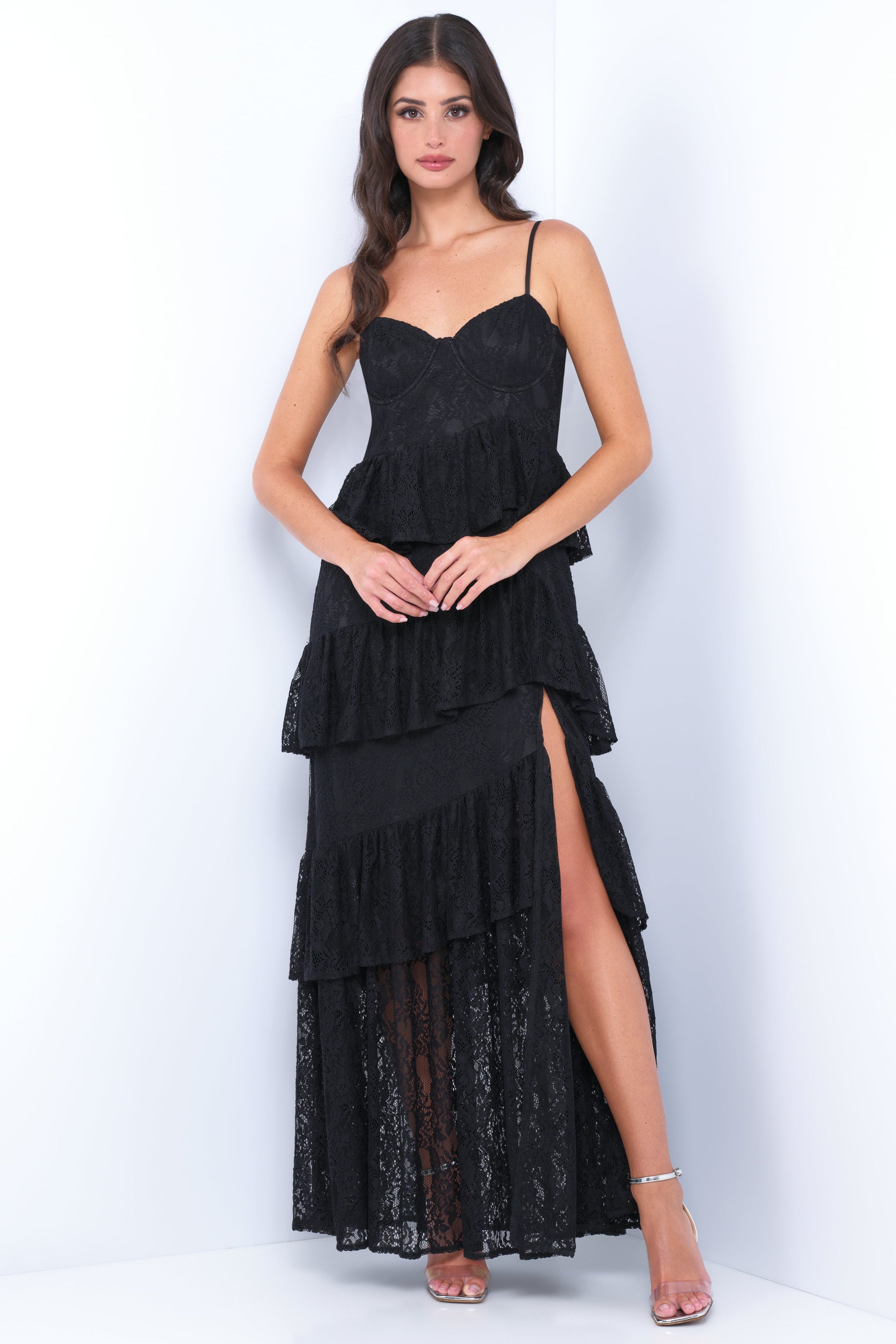 Vanna Lace Tiered Maxi Dress - Black-Vavasi