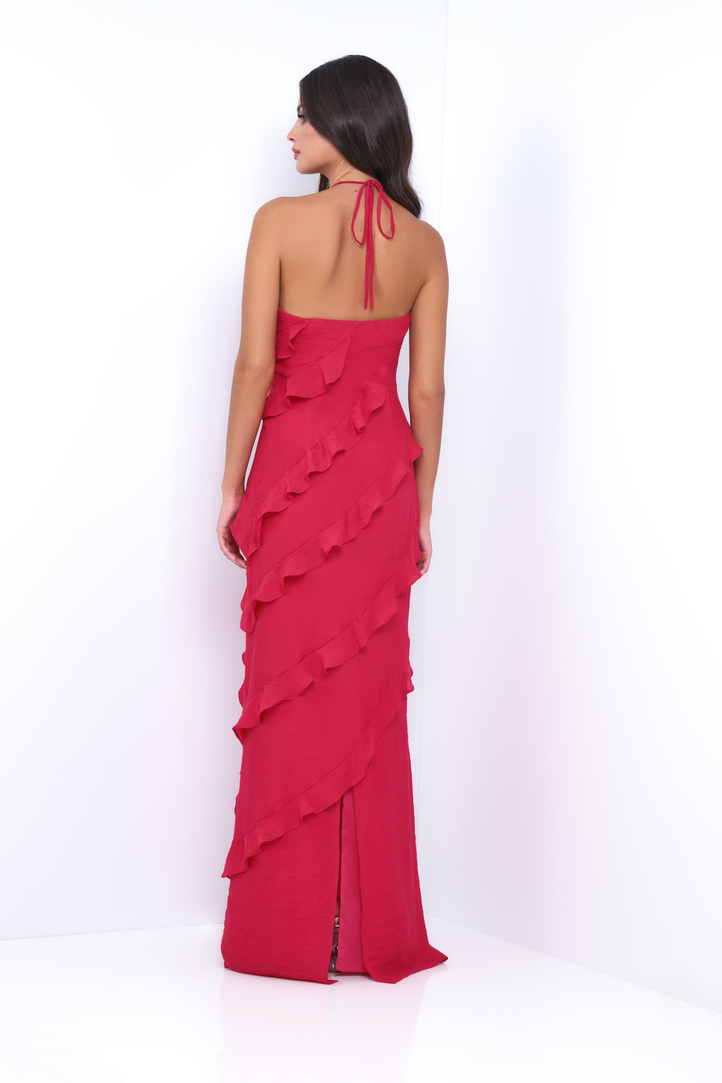 Remi Red Maxi Dress - Halter Neck, Open Back, Ruffle Detail-Vavasi