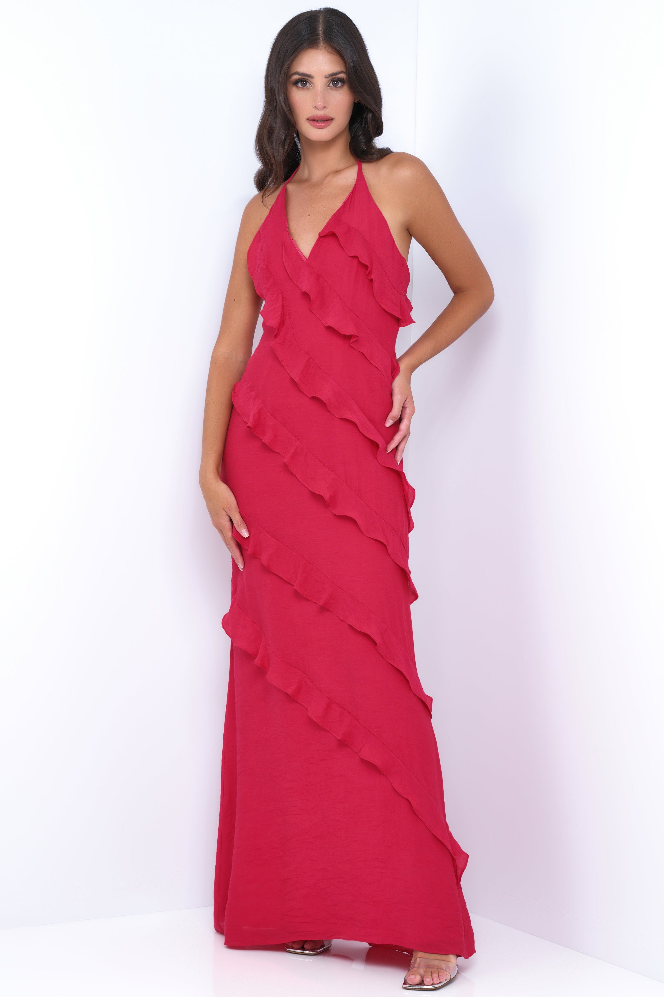 Remi Red Maxi Dress - Halter Neck, Open Back, Ruffle Detail-Vavasi