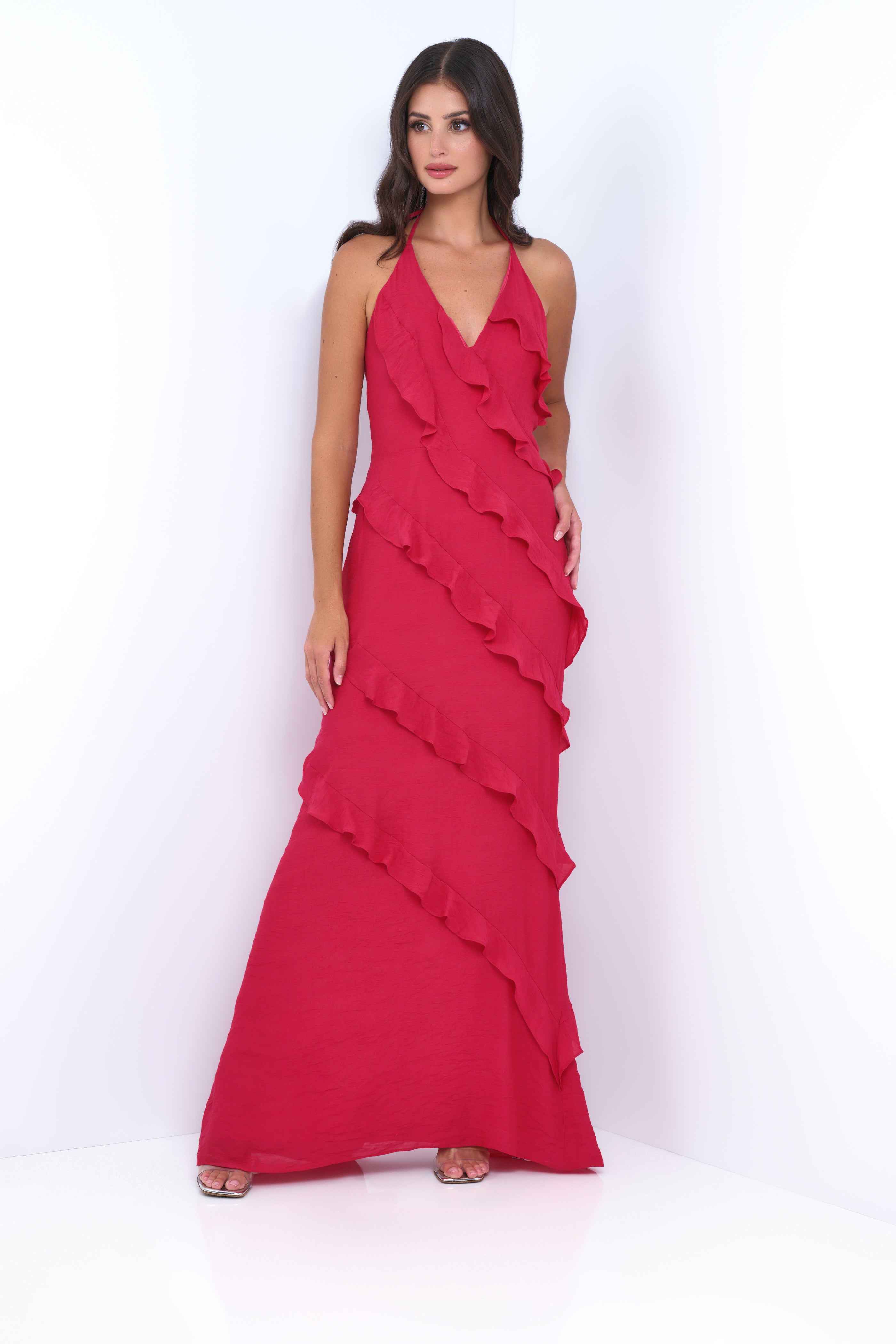 Remi Red Maxi Dress - Halter Neck, Open Back, Ruffle Detail-Vavasi