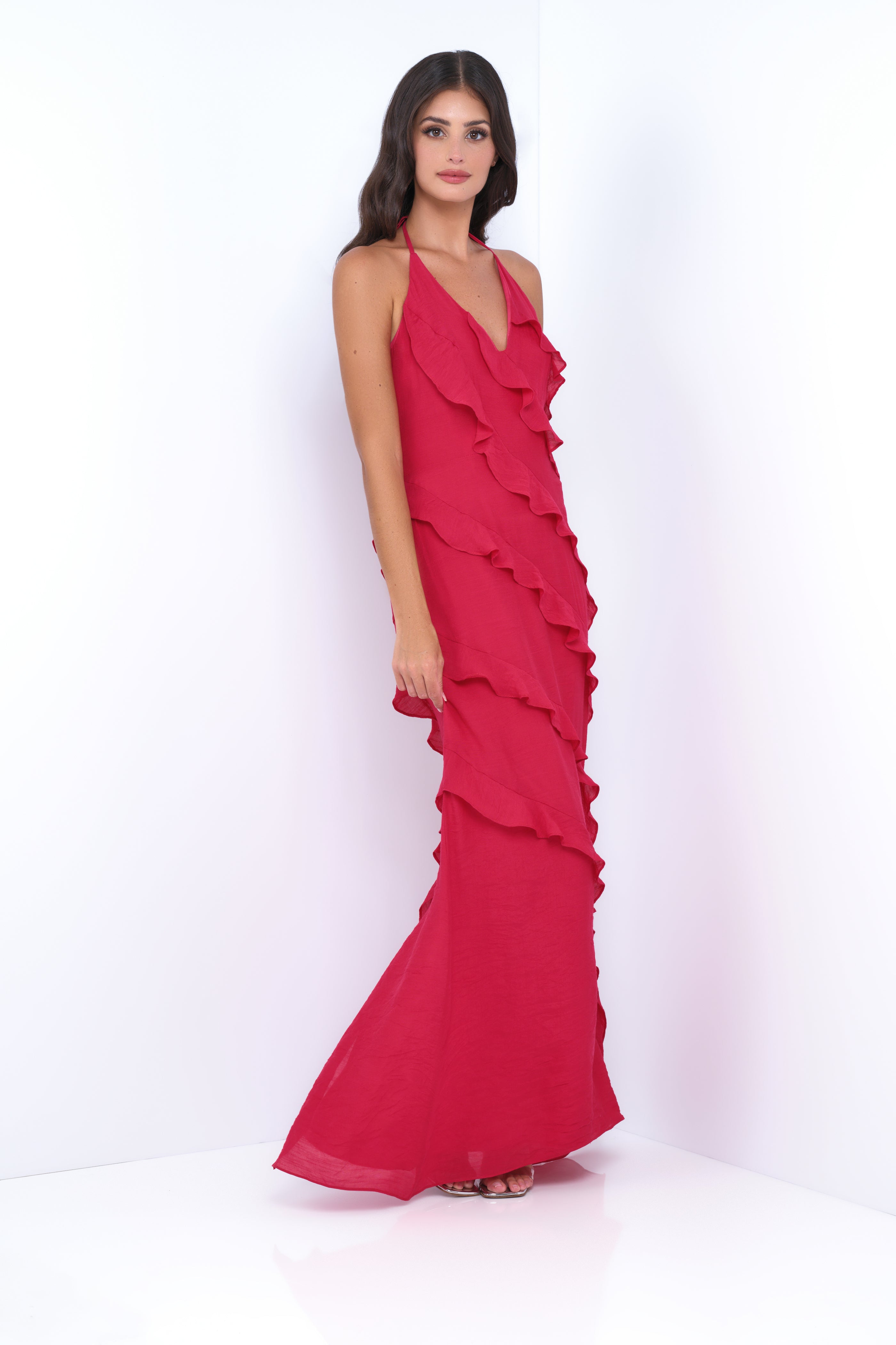 Remi Red Maxi Dress - Halter Neck, Open Back, Ruffle Detail-Vavasi