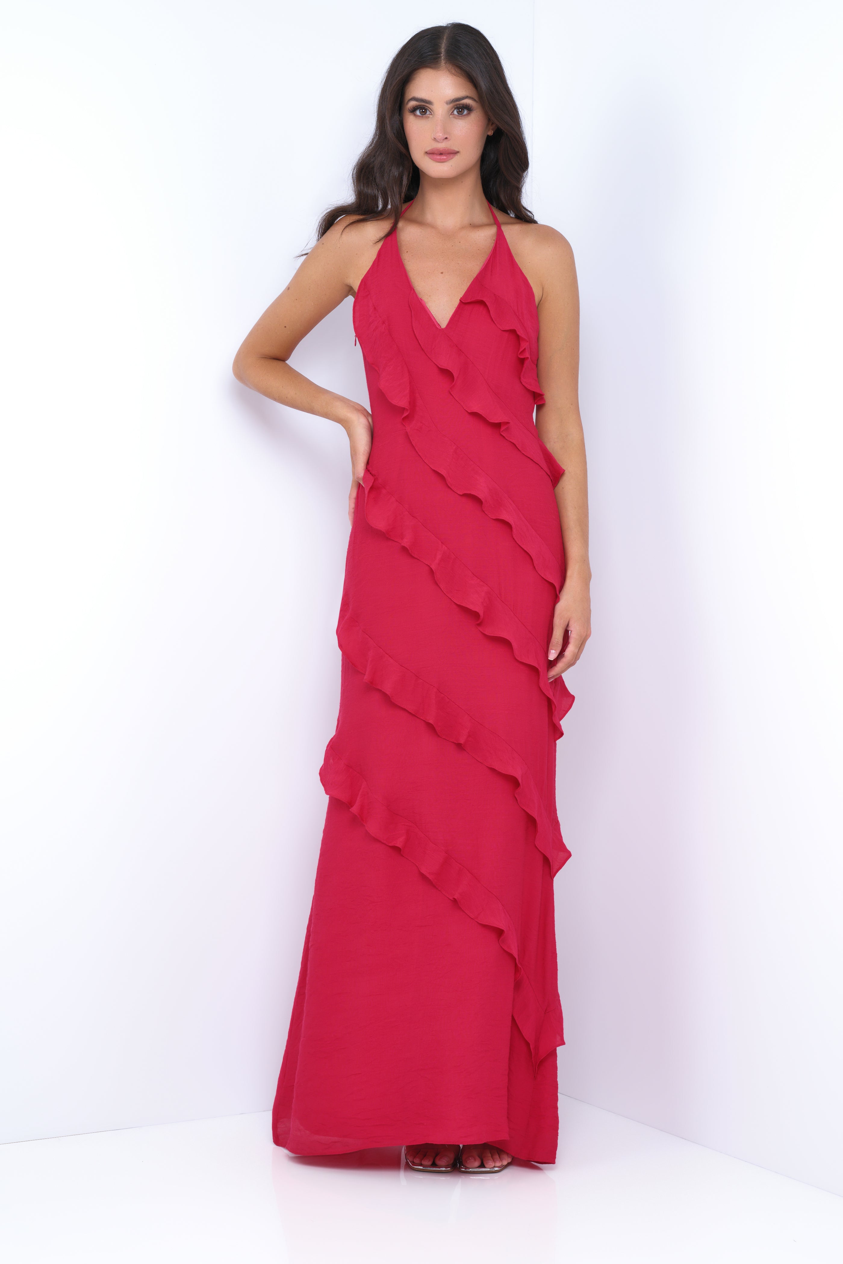 Remi Red Maxi Dress - Halter Neck, Open Back, Ruffle Detail-Vavasi