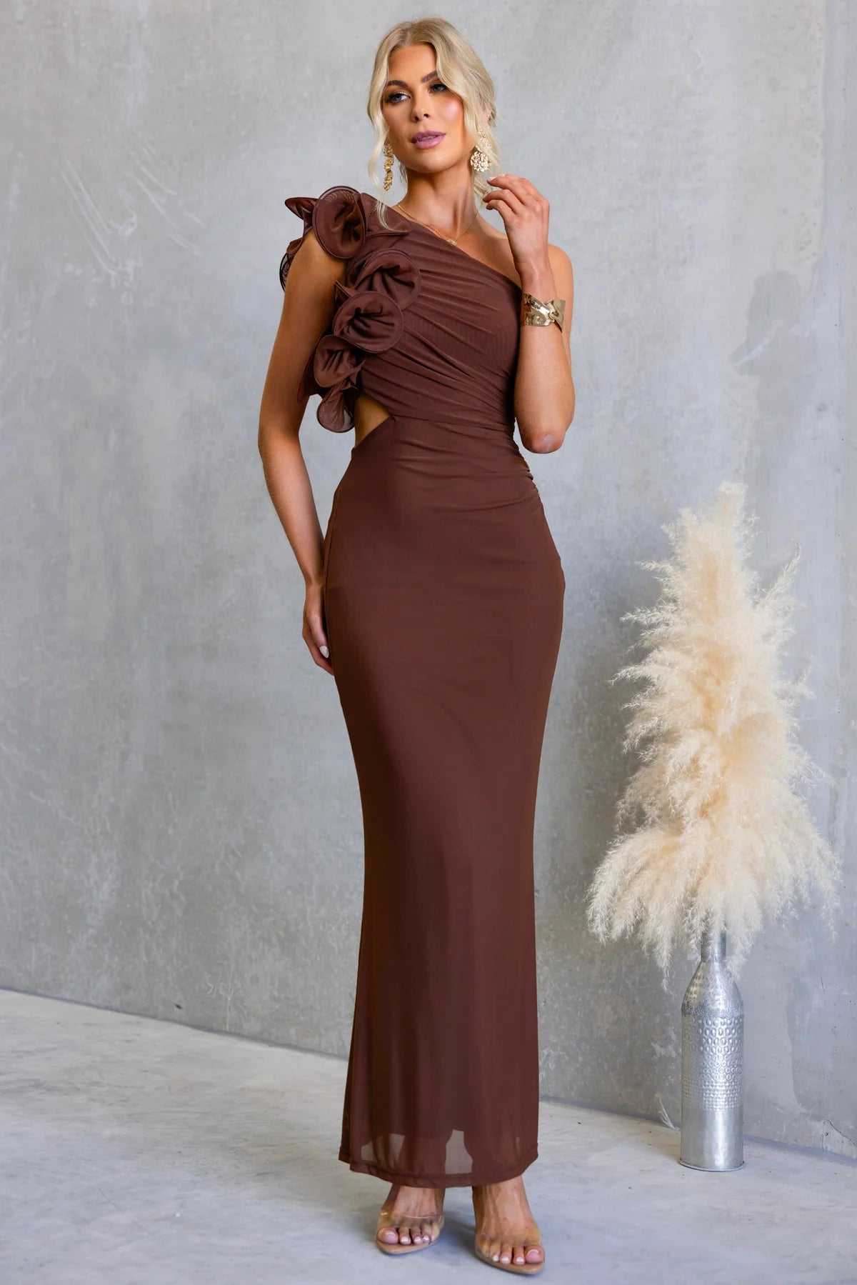 LIZBETH ONE SHOULDER MESH MAXI DRESS - BROWN-Vavasi