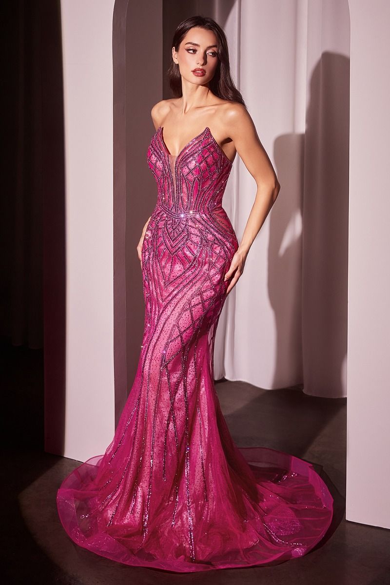 Maxwell Gown - Fuchsia - CRYSTAL STRAPLESS EMBELLISHED MERMAID GOWN-Vavasi