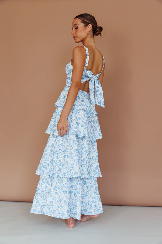 Molly Maxi Dress - Blue Floral Tiered Dress with Bow-Vavasi