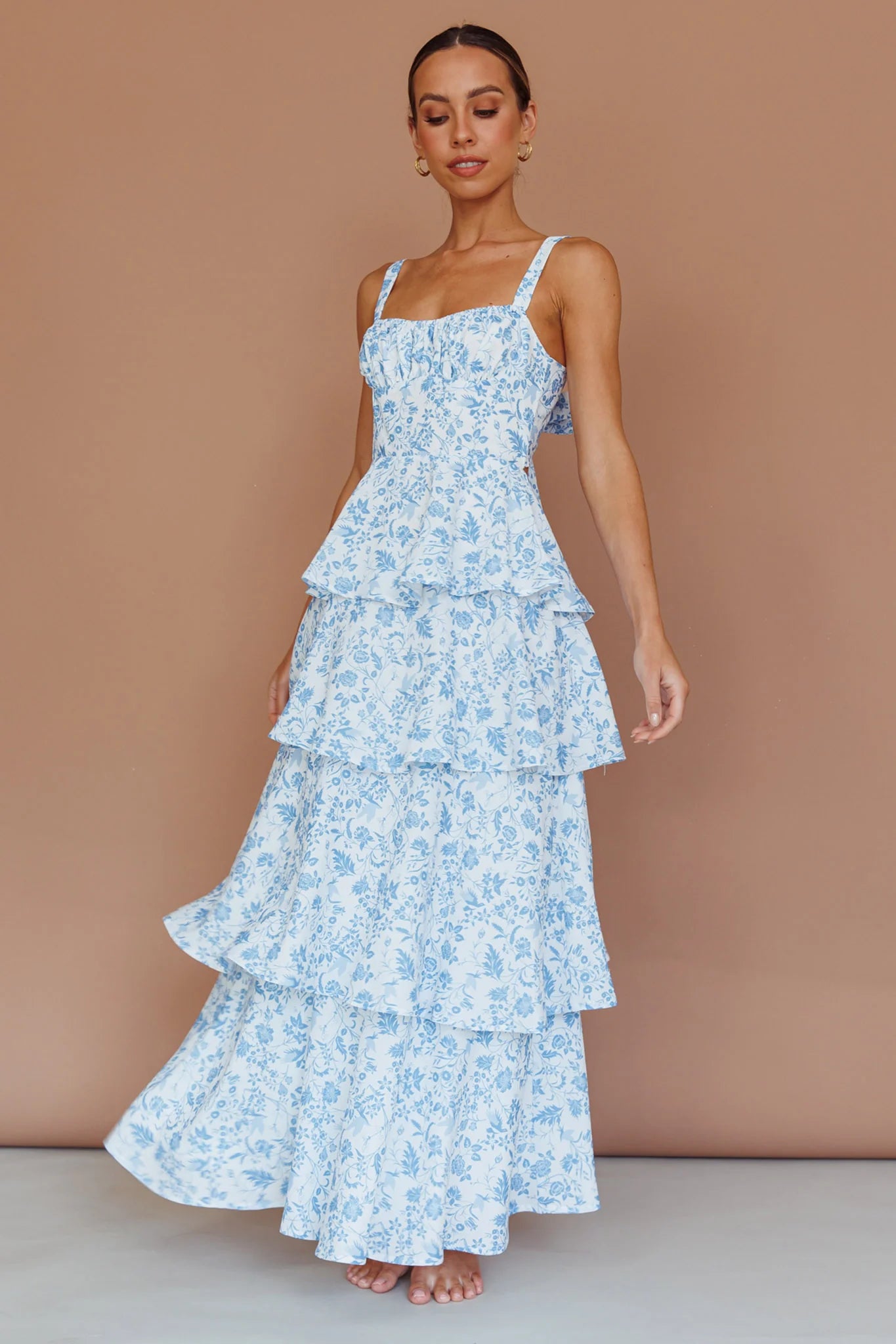 Molly Maxi Dress - Blue Floral Tiered Dress with Bow-Vavasi