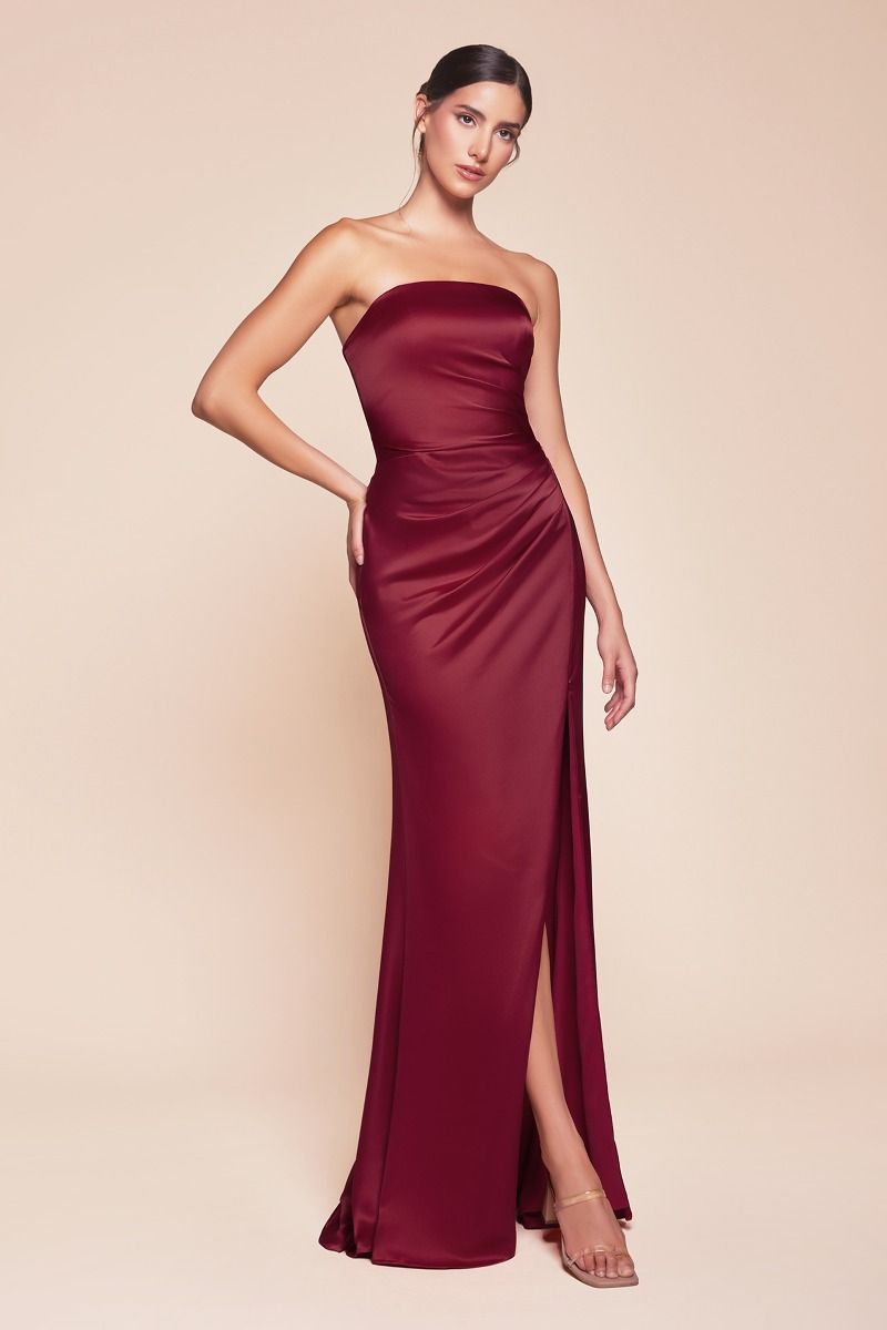 Nicolette Gown - Burgundy - STRAPLESS LUXE SATIN DRESS & SCARF-Vavasi