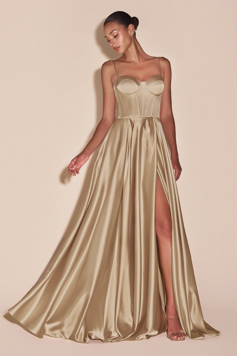 SELMA GOWN - CHAMPAGNE - A-LINE LUXE SATIN BUSTIER DRESS-Vavasi