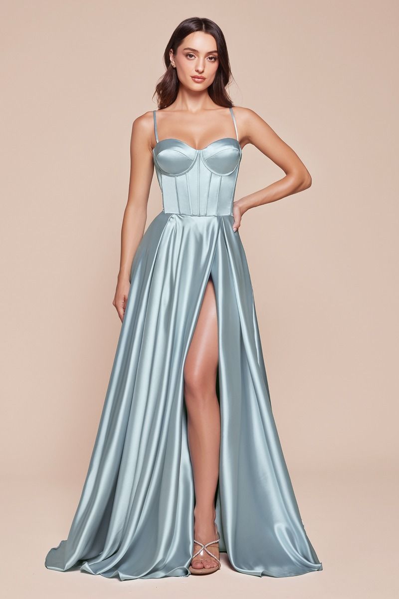 SELMA GOWN - LIGHT BLUE - A-LINE LUXE SATIN BUSTIER DRESS-Vavasi