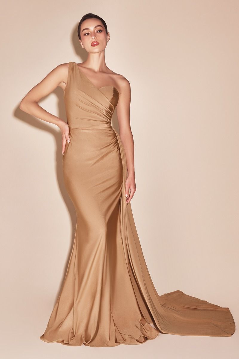 Shannon Gown - Nude Gold - ONE SHOULDER STRETCH SPANDEX SATIN GOWN-Vavasi
