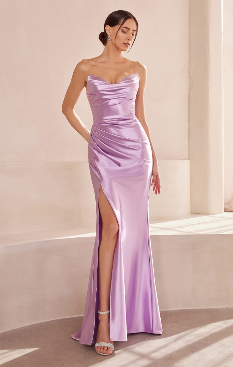 Micah Maxi Dress - Strapless Satin Dress with Gathered Detail-Vavasi
