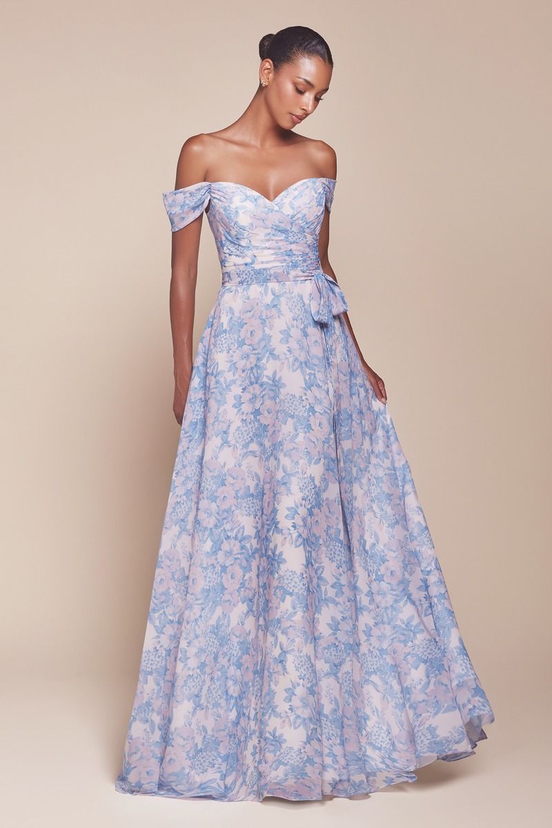 TILDA GOWN - BLUE - OFF THE SHOULDER FLORAL PRINTED A-LINE DRESS-Vavasi