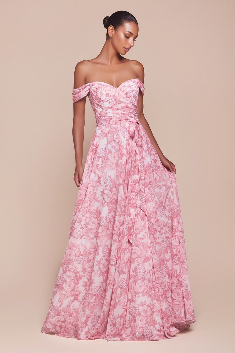 TILDA GOWN - ROSE - OFF THE SHOULDER FLORAL PRINTED A-LINE DRESS-Vavasi