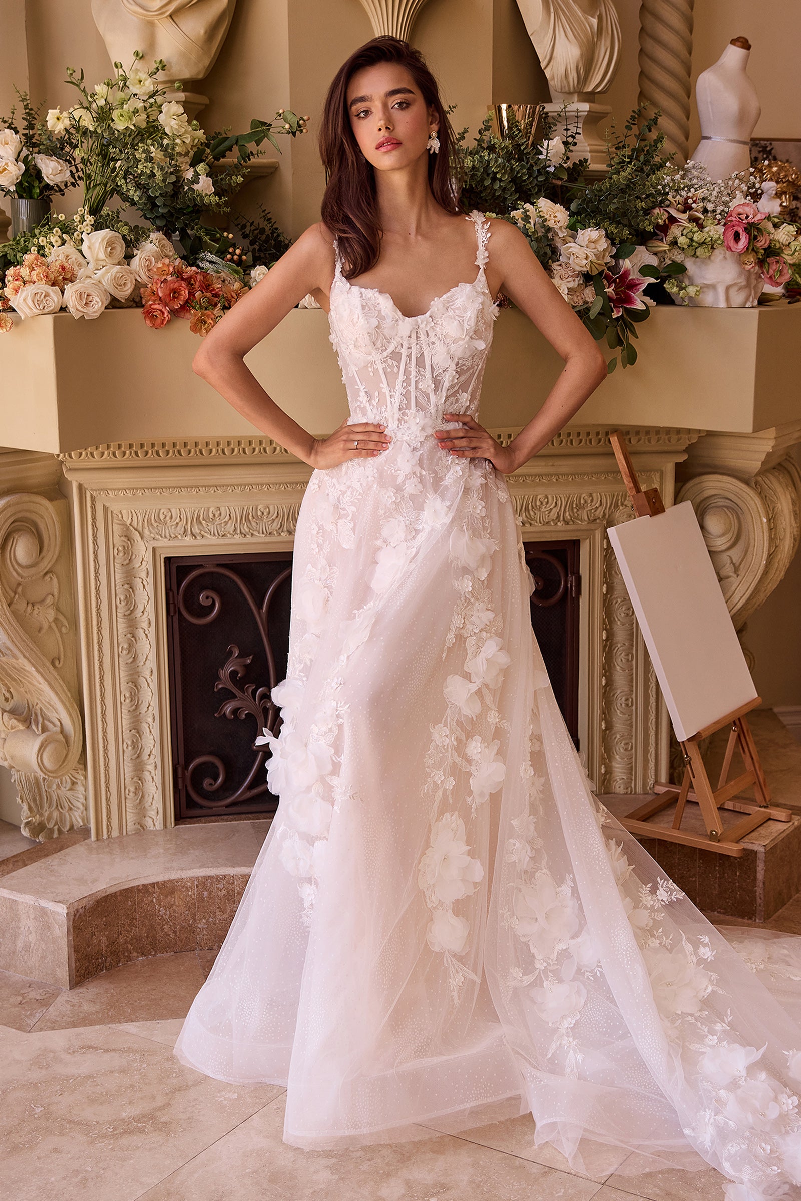 WL045 - Intricate Floral Applique A-Line Tulle Wedding Dress - Andrea & Leo-Vavasi