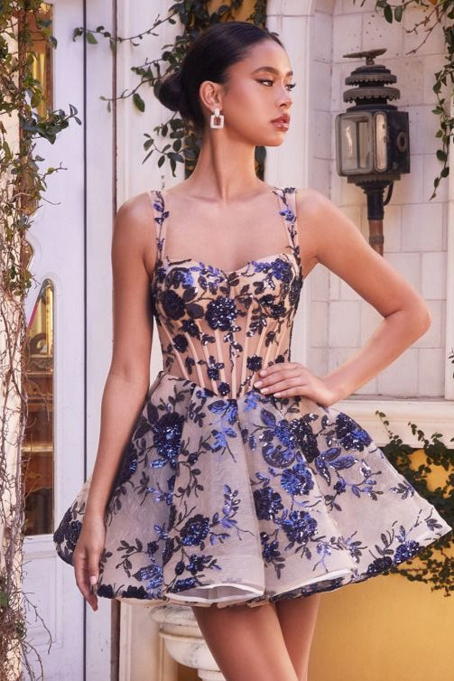 A1347 - SHORT SEQUIN FLORAL PRINT A-LINE DRESS - Andrea & Leo-Vavasi