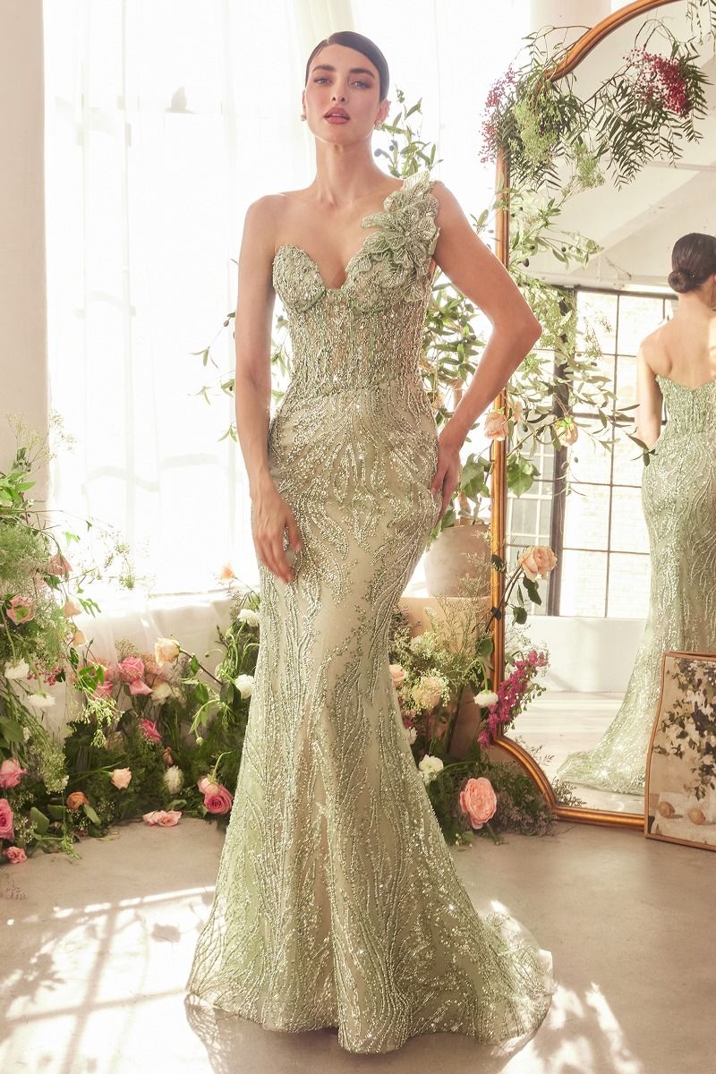 A1392 - ONE SHOULDER FULLY BEADED FLORAL MOTIF GOWN - GREENERY - Andrea & Leo-Vavasi