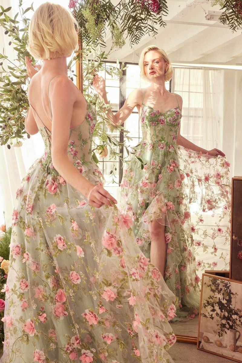 A1420 - SAGE FLORAL PRINT LAYERED A-LINE DRESS - Andrea & Leo-Vavasi