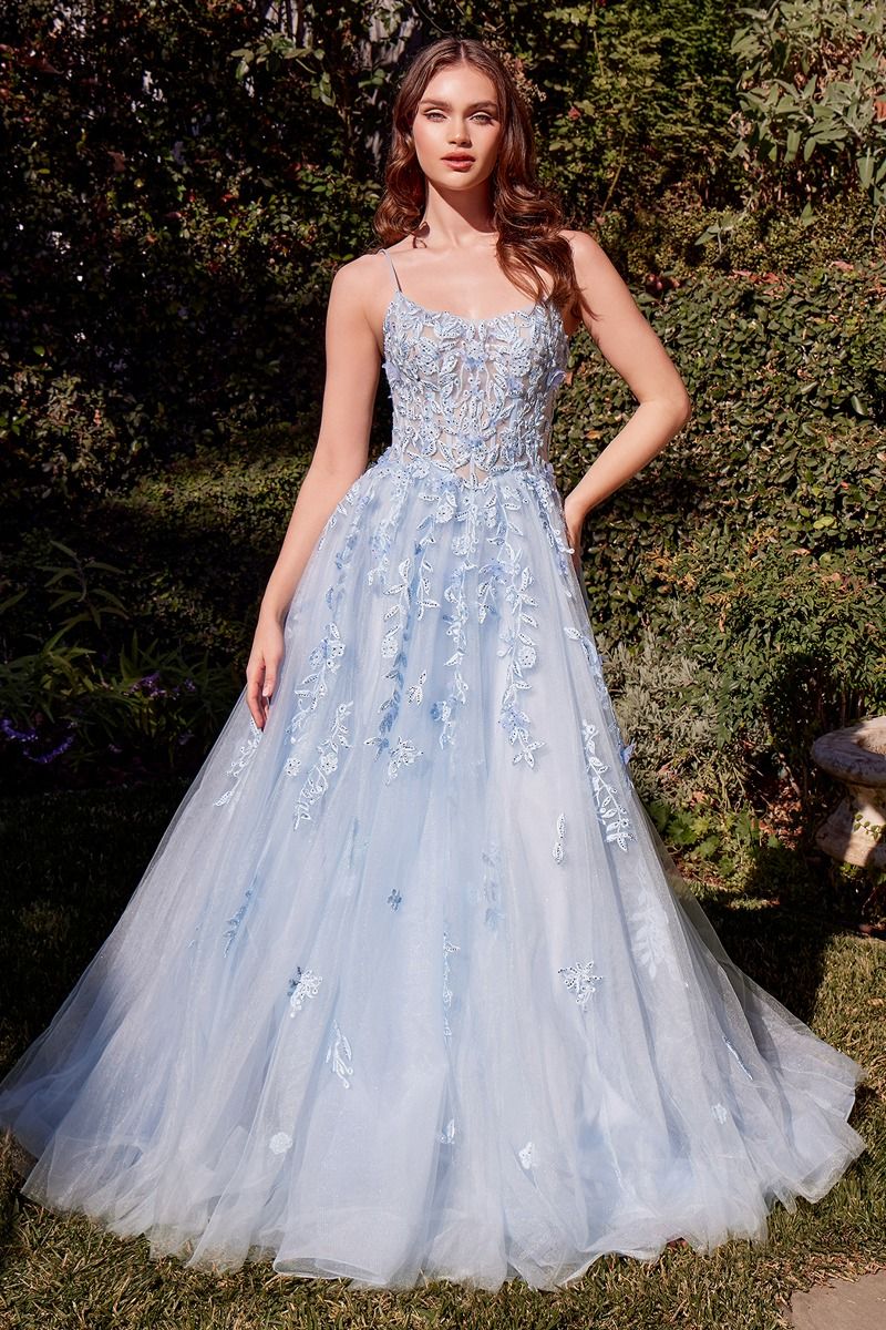 A1437 - LIGHT BLUE LEAF MOTIF APPLIQUED A-LINE DRESS - Andrea & Leo-Vavasi