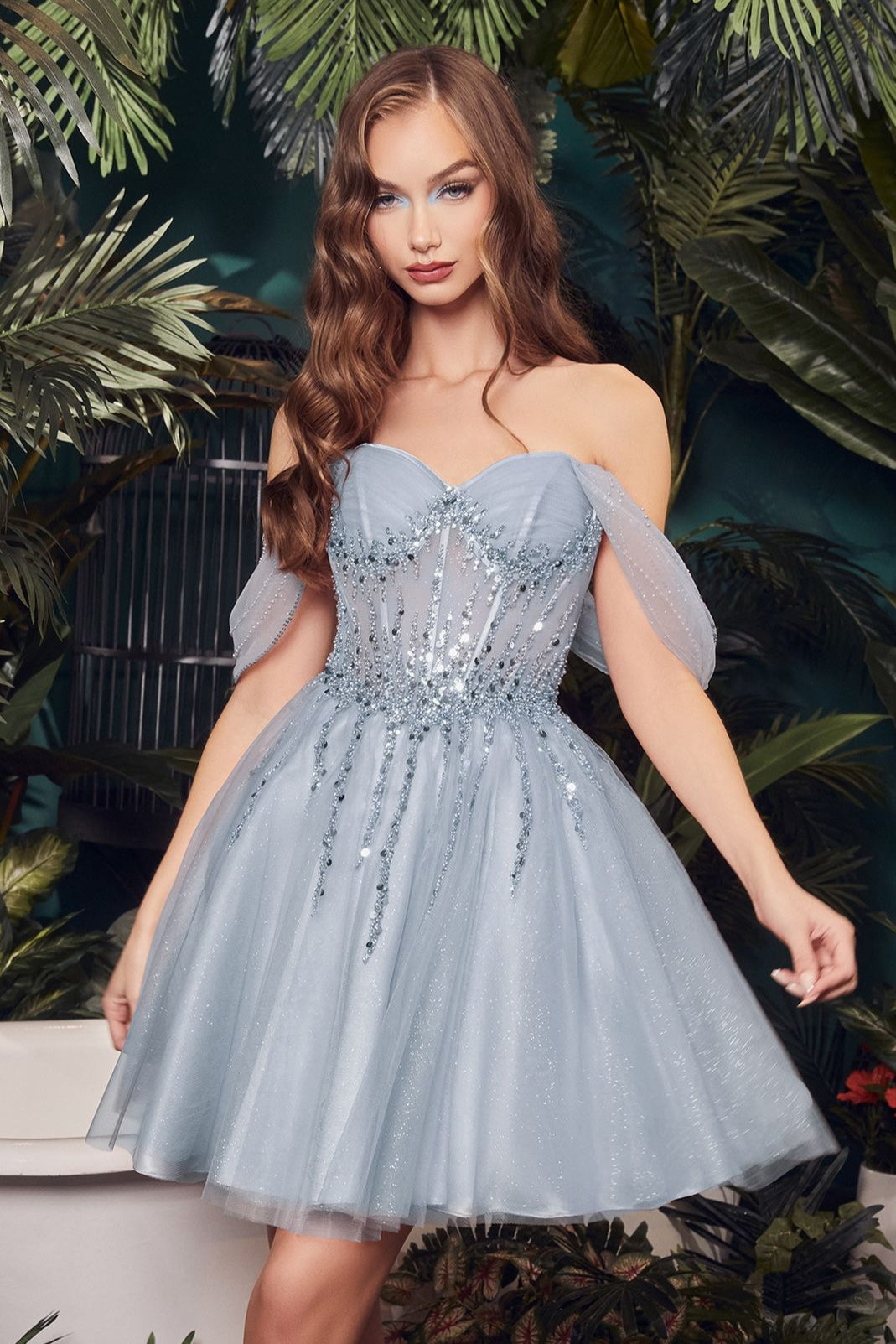 OLIVIA MINI DRESS - OFF THE SHOULDER EMBELLISHED A-LINE SHORT DRESS-Vavasi