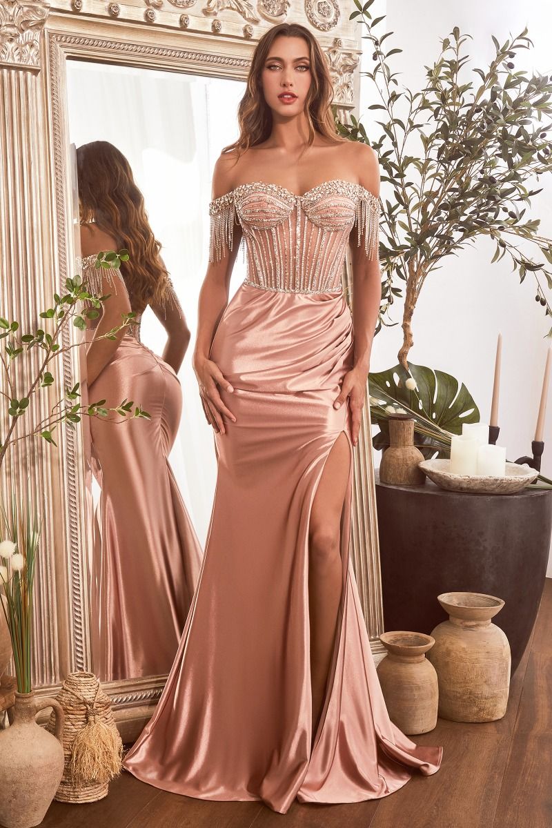 LANA GOWN - EMBELLISHED OFF THE SHOULDER SATIN GOWN-Vavasi