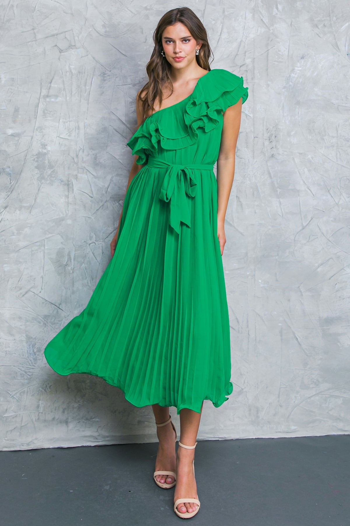 SUN-KISSED STYLE - GREEN - ONE SHOULDER RUFFLE MIDI DRESS-Vavasi