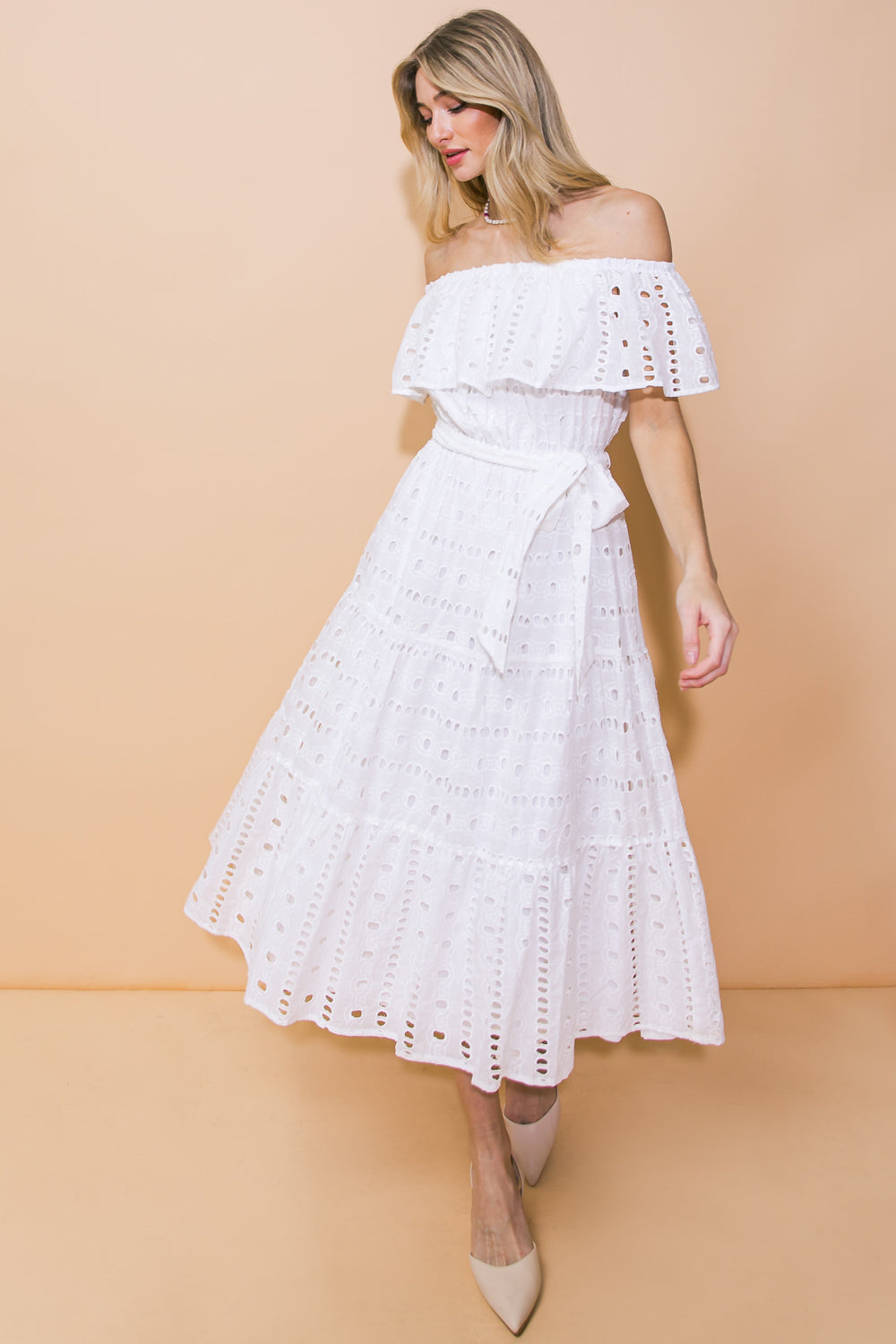 CATCHING MY BREATH EYELET MIDI DRESS-Vavasi