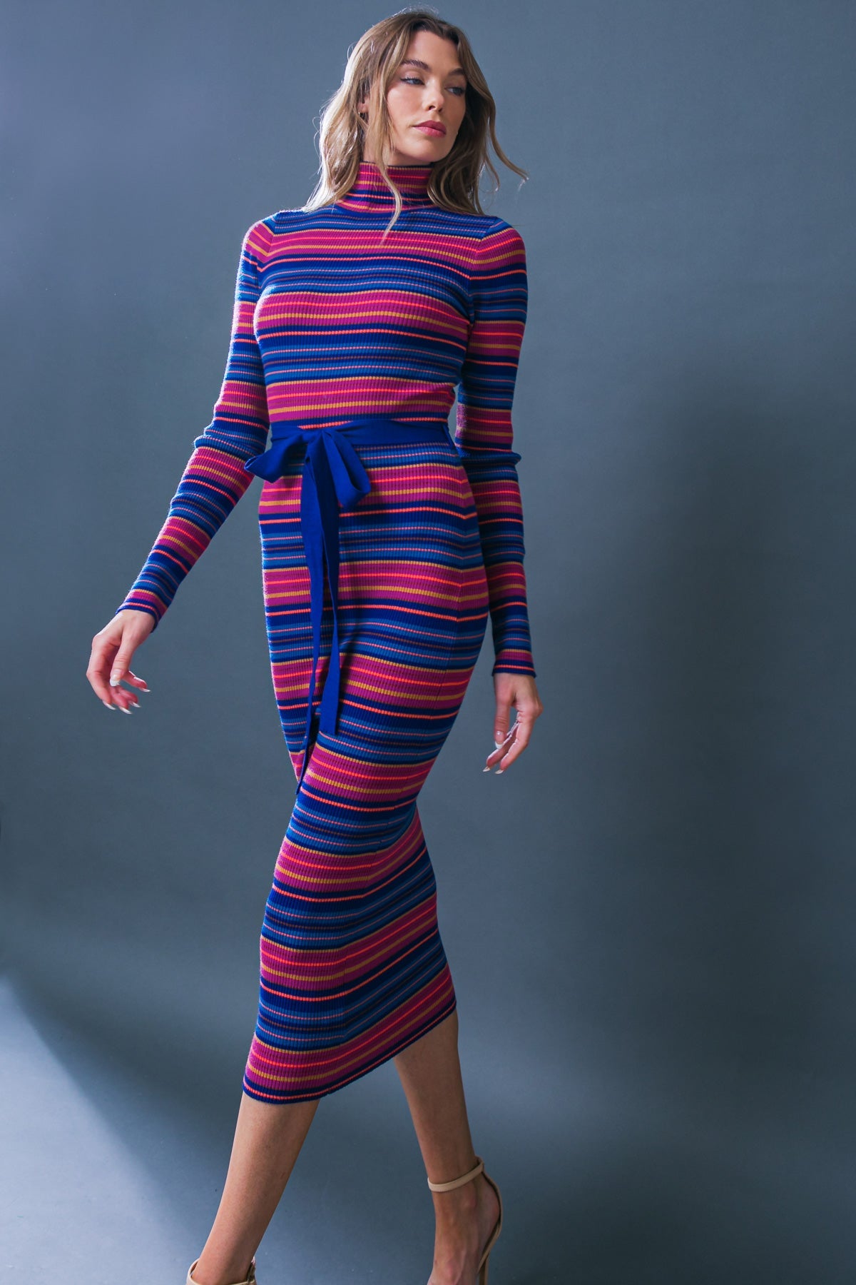 SWEATER WEATHER MIDI DRESS - BLUE & FUCHSIA STRIPE-Vavasi