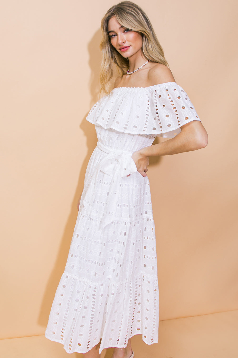 CATCHING MY BREATH EYELET MIDI DRESS-Vavasi