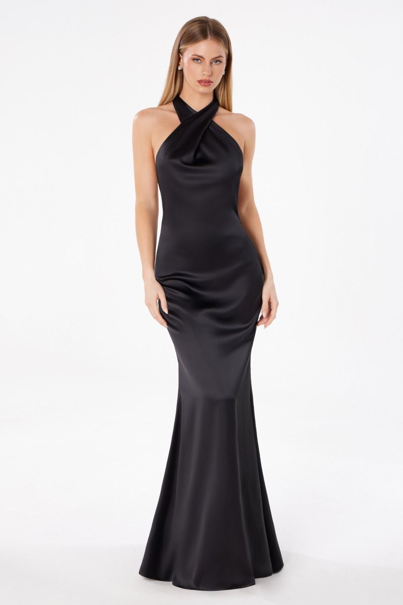 Piper Maxi Dress - Fitted Satin Halter Dress-Vavasi