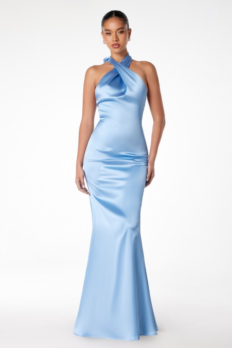 Piper Maxi Dress - Fitted Satin Halter Dress-Vavasi