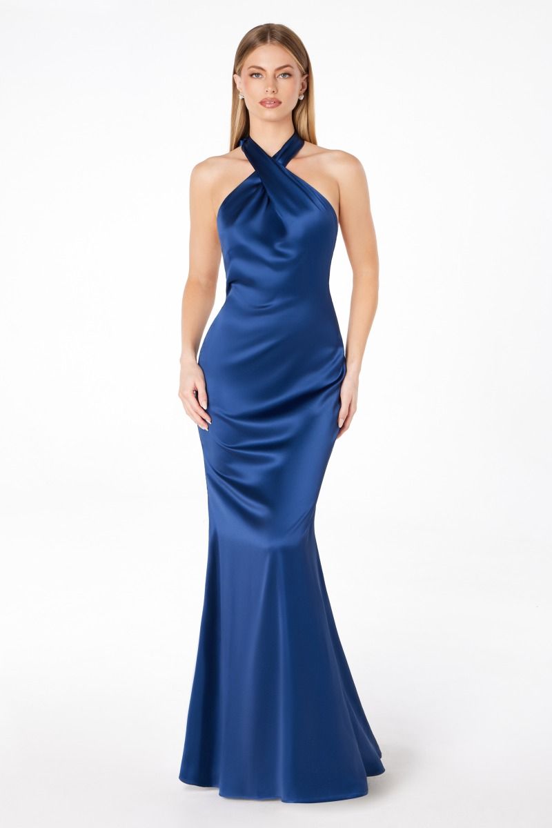 Piper Maxi Dress - Fitted Satin Halter Dress-Vavasi