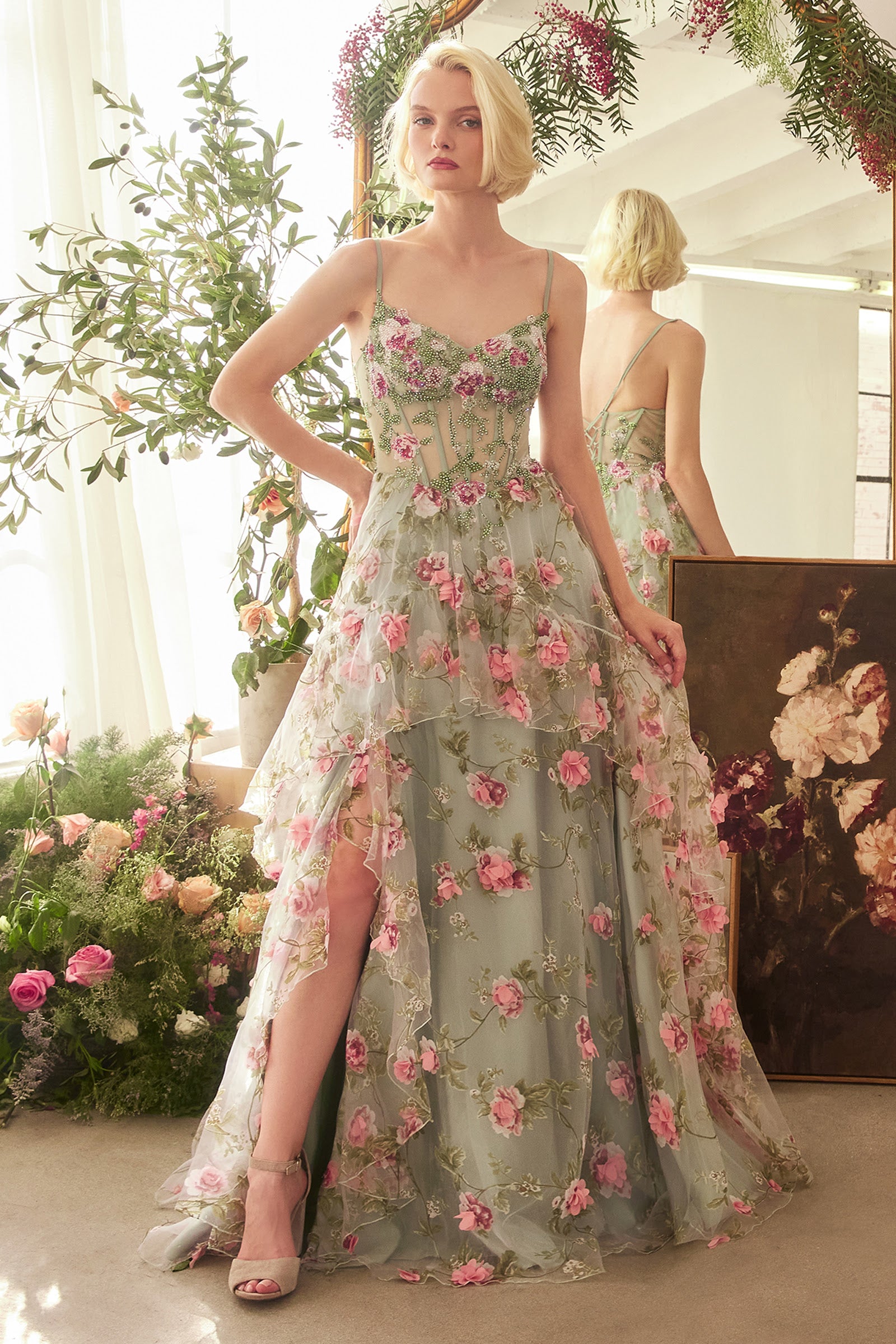 A1420 - SAGE FLORAL PRINT LAYERED A-LINE DRESS - Andrea & Leo-Vavasi