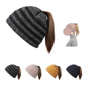 Winter Warm Striped Ponytail Beanie