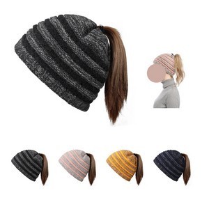 Winter Warm Striped Ponytail Beanie