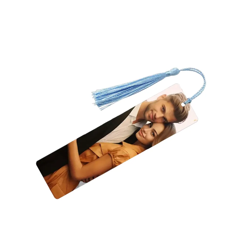 Personalized Stainless Steel Photo Bookmark with Blue Tassel
