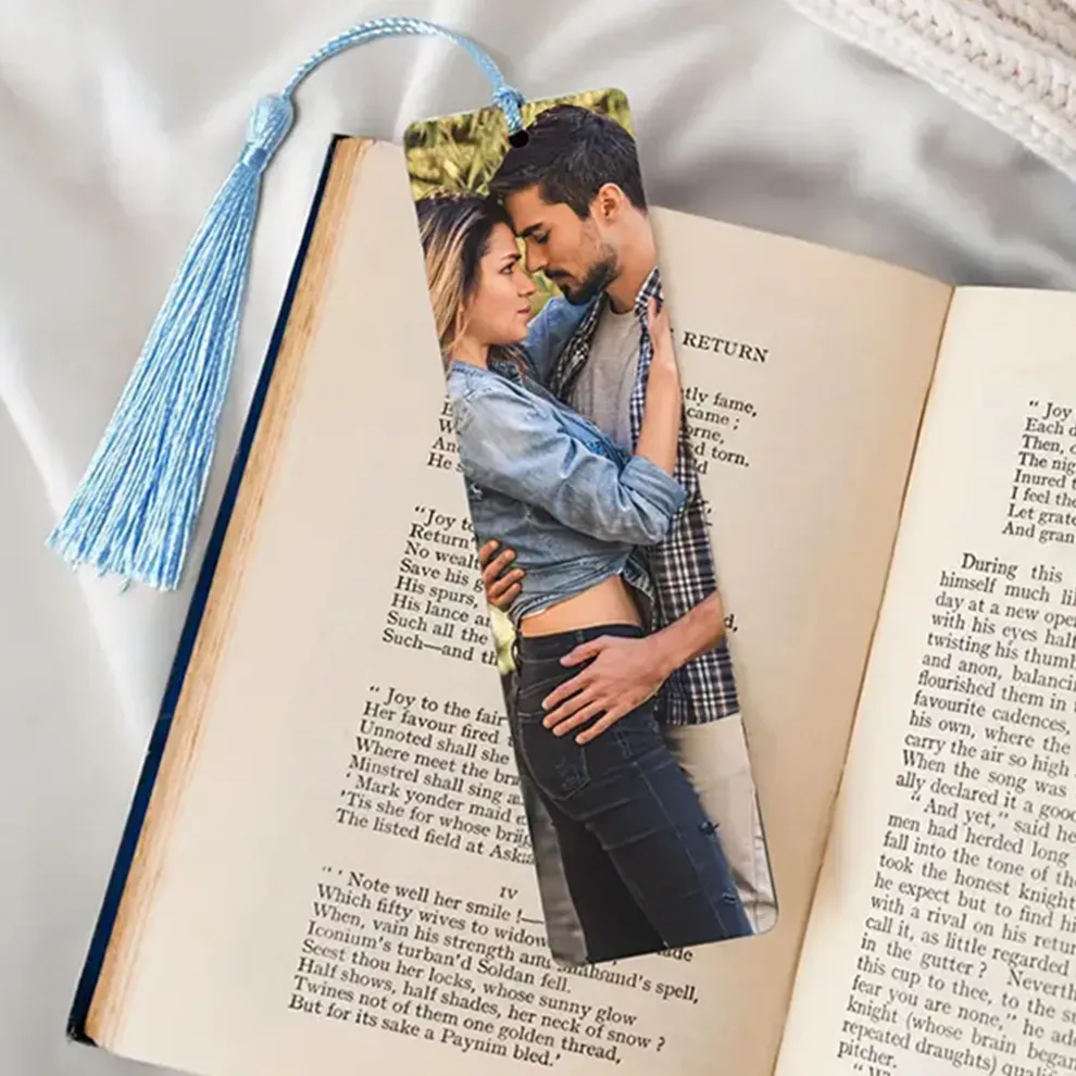 Personalized Stainless Steel Photo Bookmark with Blue Tassel
