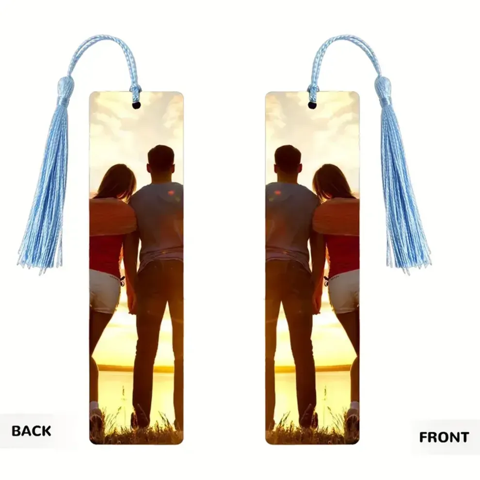 Personalized Stainless Steel Photo Bookmark with Blue Tassel