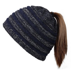 Winter Warm Striped Ponytail Beanie