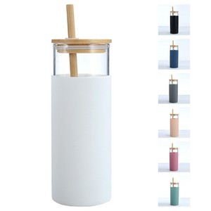 16.8oz Wood Lid Silicone Sleeve Glass Tumbler