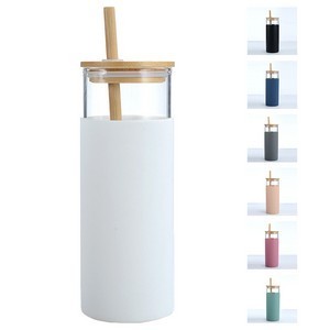 16.8oz Wood Lid Silicone Sleeve Glass Tumbler