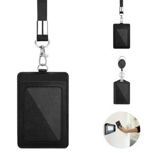 Leather Badge Holder with Retractable Clip and Lanyard